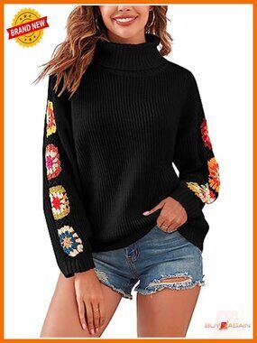Women's Crochet Turtleneck Pullover Sweater Puff Long Sleeve Boho Knit Top